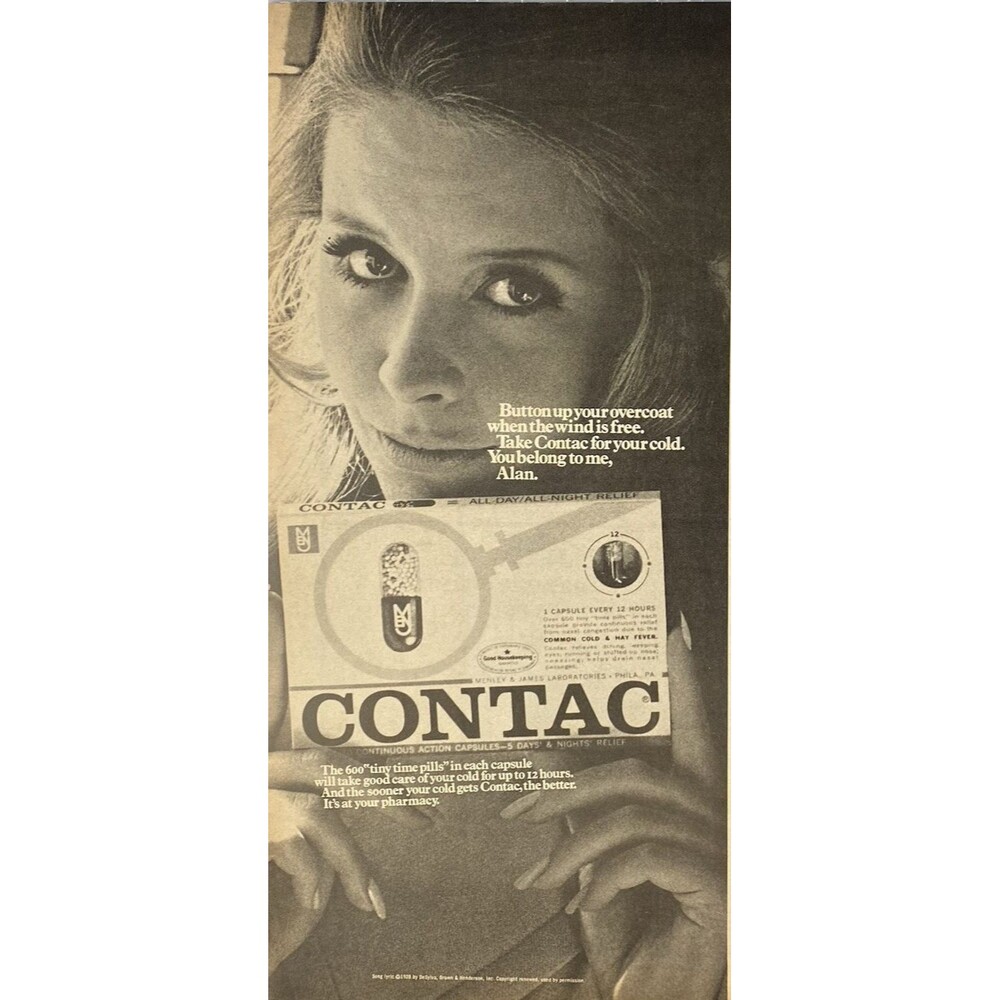 CONTAC Capsule "Take Contac for Your Cold" You Belong to Me Alan Print Ad 1969